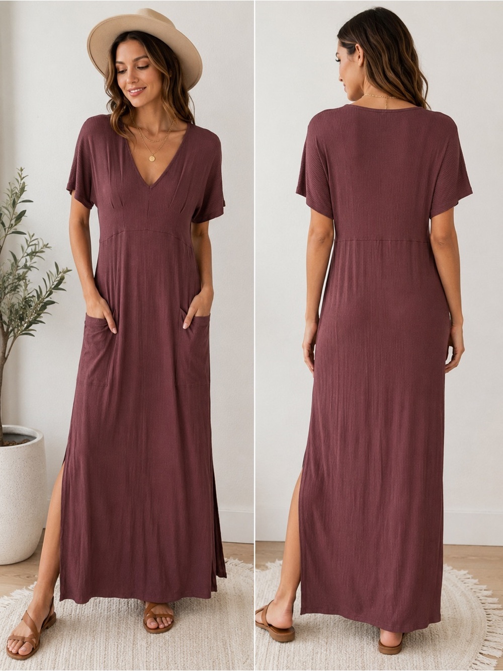 Baltic Born Jennifer Deep V Maxi Dress Ribbed Knit Mauve Plum S